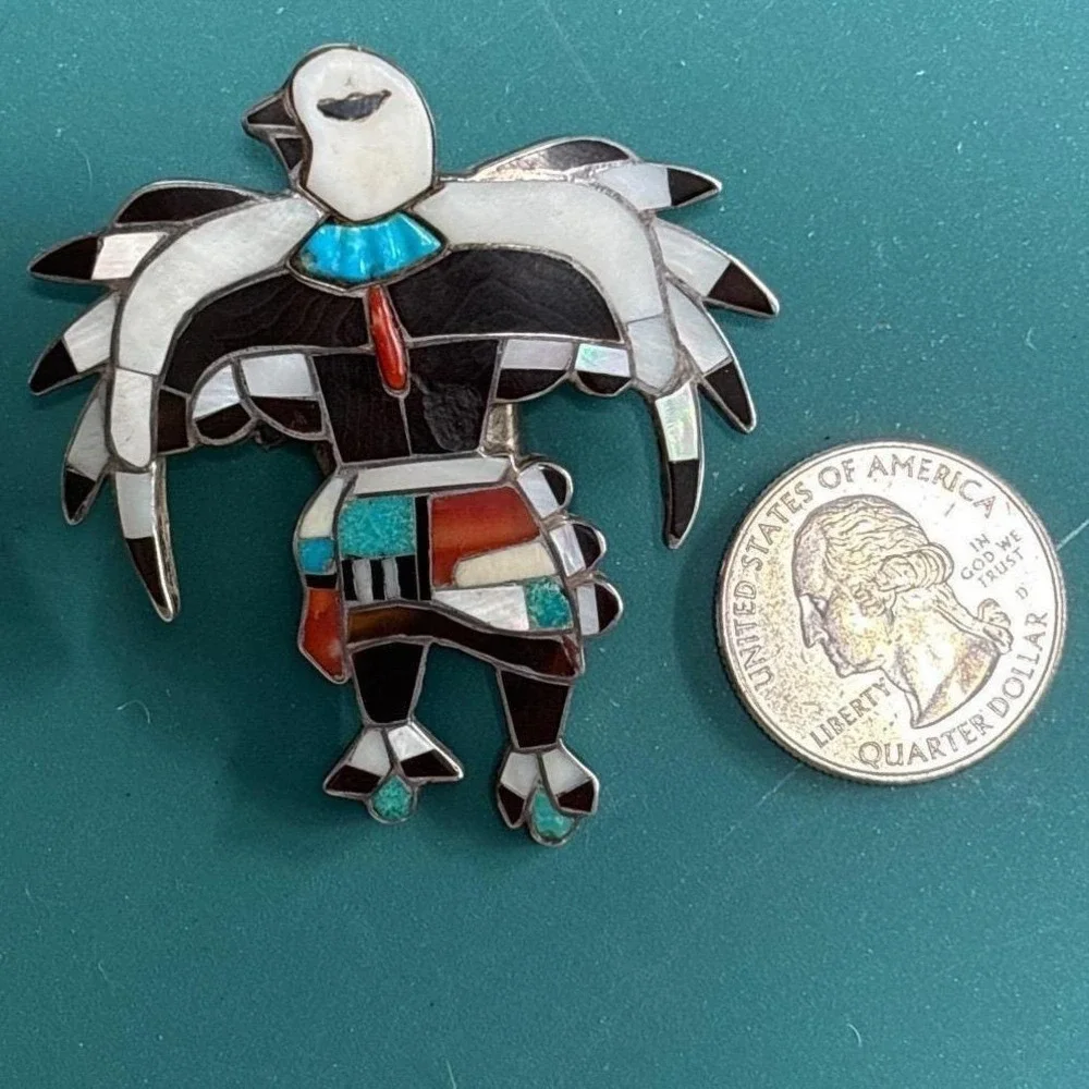 Vintage Sterling Zuni Inlay Bolo Eagle‎ Dancer Sterling Silver Turquoise Coral